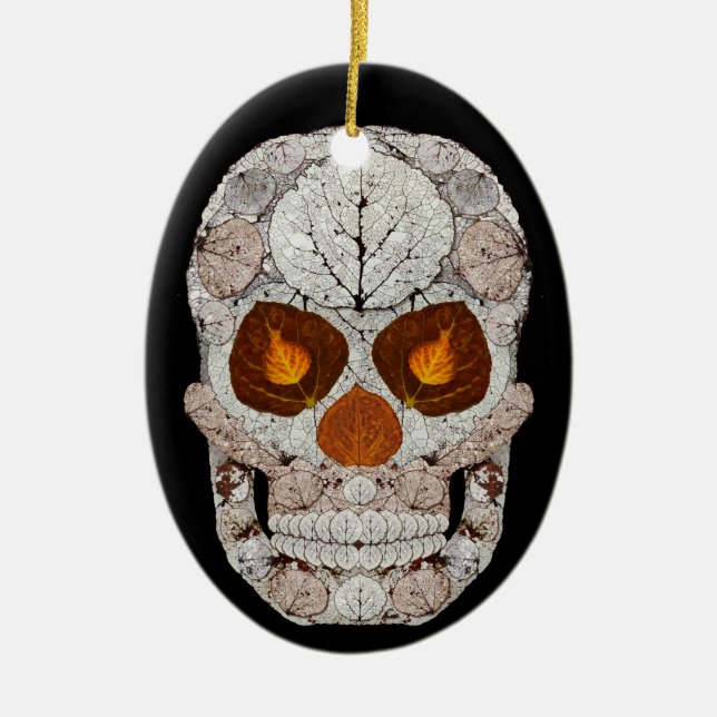 Aspen Leaf Skull 11 Oval Ceramic Ornament (Front)