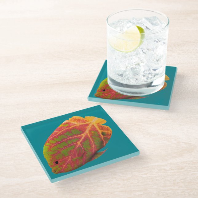 Aspen Leaf Tropical Fish 1 Glass Coaster (Angled)