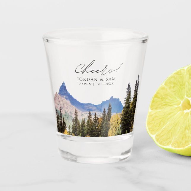 Aspen Photo Wedding Favour Cheers Shot Glass (Front)