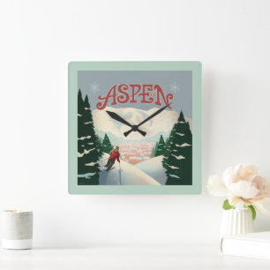 Aspen Skier Colorado Square Wall Clock