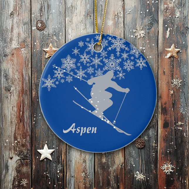 Aspen Snowflake Skier Personalised Ceramic Ornament (Creator Uploaded)