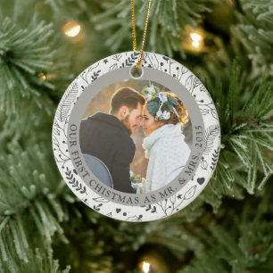 Aspen Winter First Christmas as Mr Mrs Botanical Ceramic Ornament