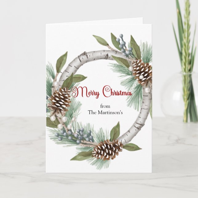 Aspen Wreath with Pinecones Christmas Card (Front)