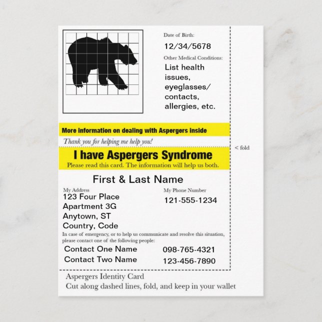 Aspergers Emergency Card (Front)