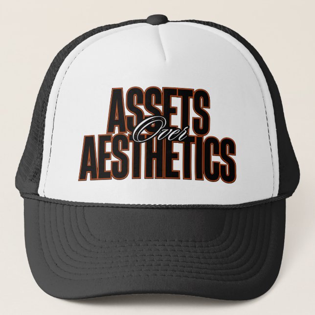 Assets Over Aesthetics™ Crown the Compounder  Trucker Hat (Front)
