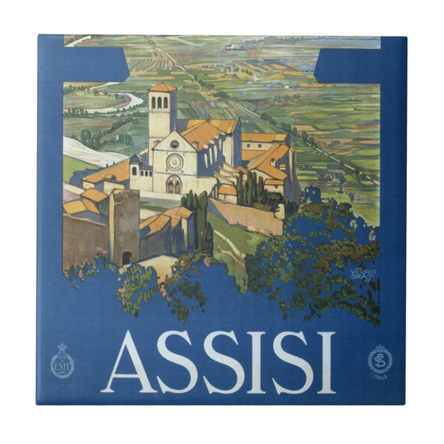 Assisi Italy Vintage Travel Art Francesco Basilica Ceramic Tile (Front)