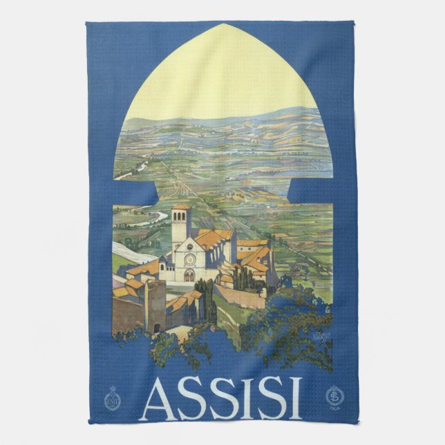 Assisi Italy Vintage Travel Art Francesco Basilica Tea Towel (Vertical)