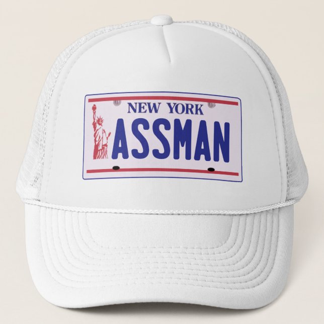 Assman New York License Plate Products Trucker Hat (Front)
