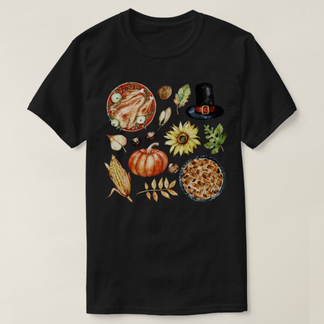 Assorted Autumn Food Turkey Pie and Pumpkin T-Shirt (Design Front)