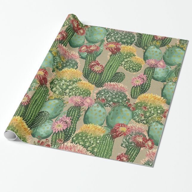 Assorted Blooming Cactus Plants Wrapping Paper (Unrolled)