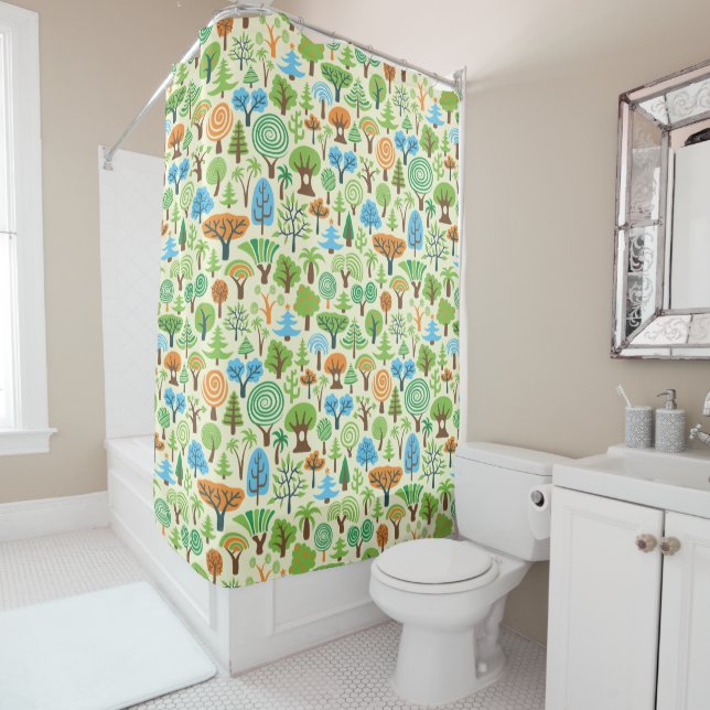 Assorted Cartoon Trees Illustration Pattern Shower Curtain (In Situ)