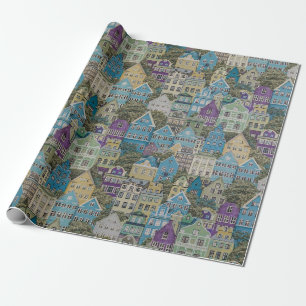 Assorted-colour buildings painting wrapping paper