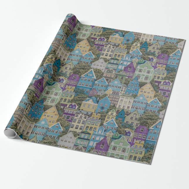 Assorted-colour buildings painting wrapping paper (Unrolled)