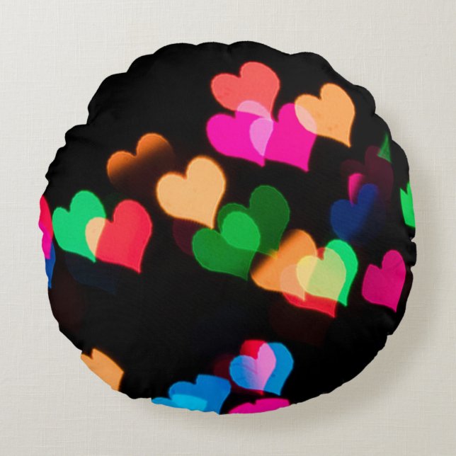 Assorted-colour hearts illustrations round cushion (Front)