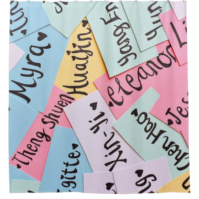 Assorted-colour of name cards shower curtain (Front)