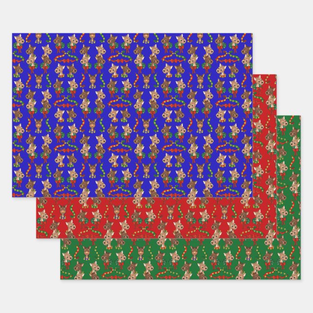 Assorted Colour Reindeers with Bells and Wreaths Wrapping Paper Sheet (Set)
