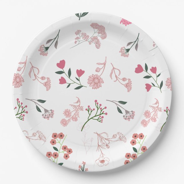 Assorted Delicate Flowers in Pattern Print Paper Plate (Front)