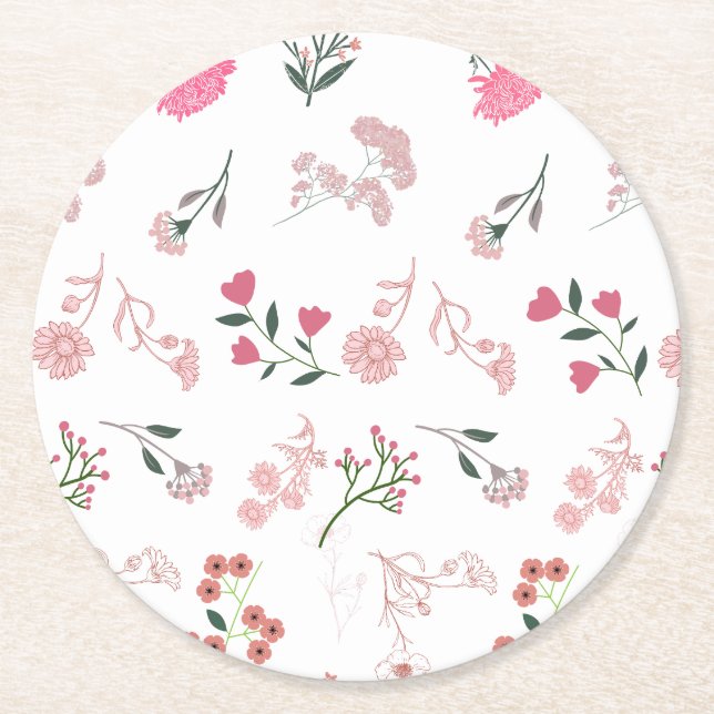 Assorted Delicate Flowers in Pattern Print Round Paper Coaster (Front)