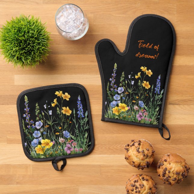 Assorted Field of Wildflowers On Black  Oven Mitt & Pot Holder Set (Top Down)