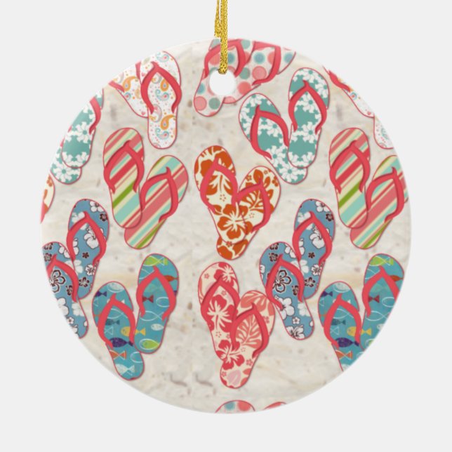 Assorted flip flops on sand, unique ceramic ornament (Back)