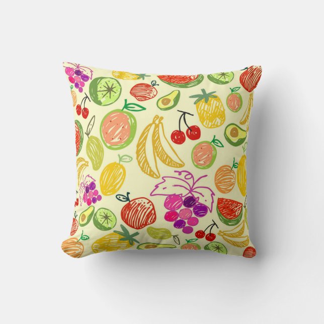 Assorted Fruit Doodle Pattern Reversible Yellow Cushion (Front)