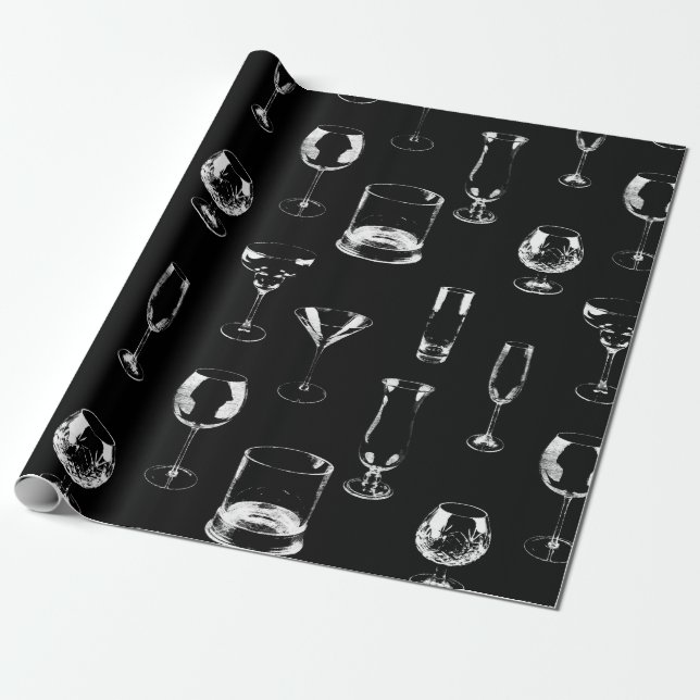 Assorted Glasses in white on black Wrapping Paper (Unrolled)