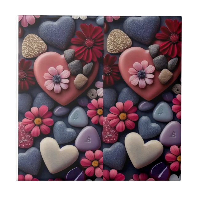 Assorted Hearts and Flowers Mosaic Ceramic Tile (Front)