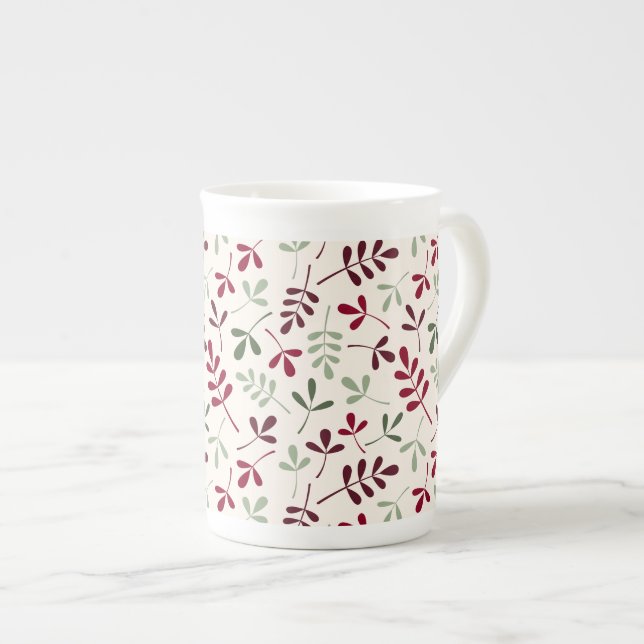 Assorted Leaves Pattern Reds & Greens on Cream Bone China Mug (Front Right)