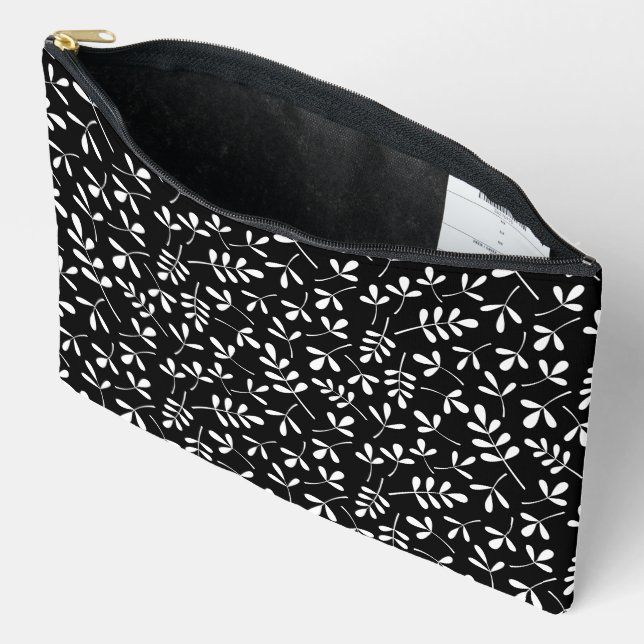 Assorted Leaves Pattern White on Black Accessory Pouch (Open)