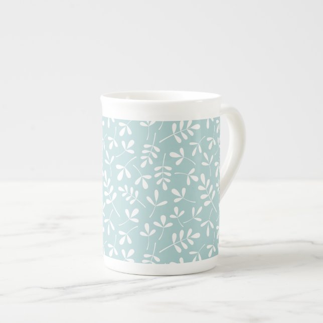 Assorted Leaves Pattern White on Duck Egg Blue Bone China Mug (Front Right)