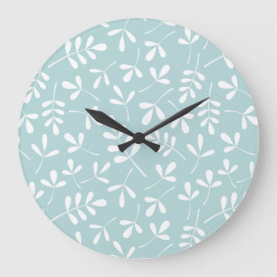 Assorted Leaves Pattern White on Duck Egg Blue Large Clock