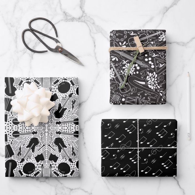 Assorted Music B&W Wrapping Paper Sheets (Front)