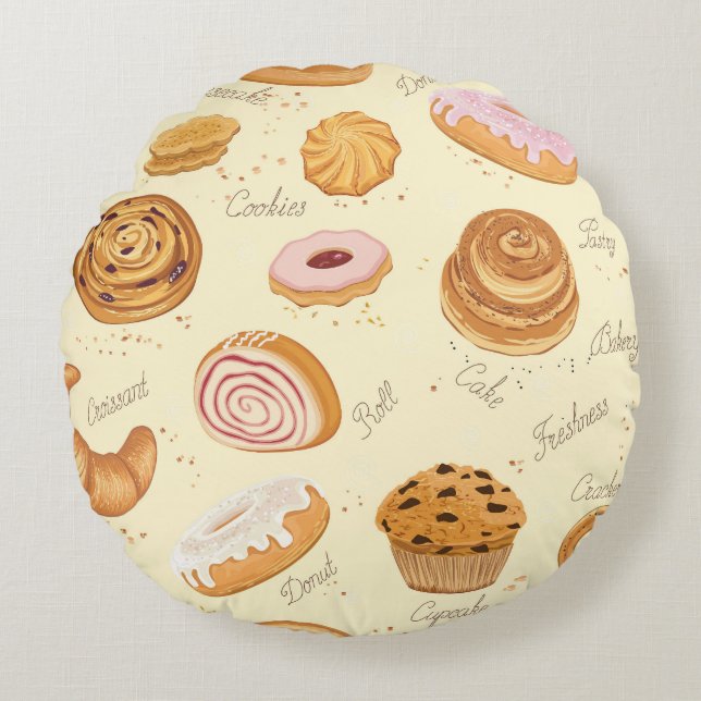 Assorted Pastries: Tasty Seamless Pattern. Round Cushion (Front)