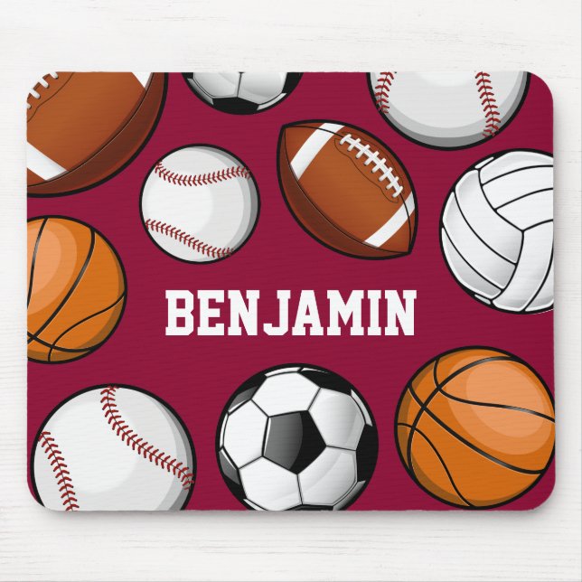 Assorted Sports Custom Name Red Mouse Pad (Front)