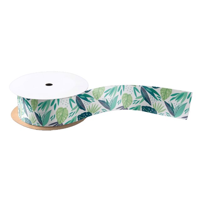 Assorted Tropical Green Leafs Pattern On White Satin Ribbon (Spool)