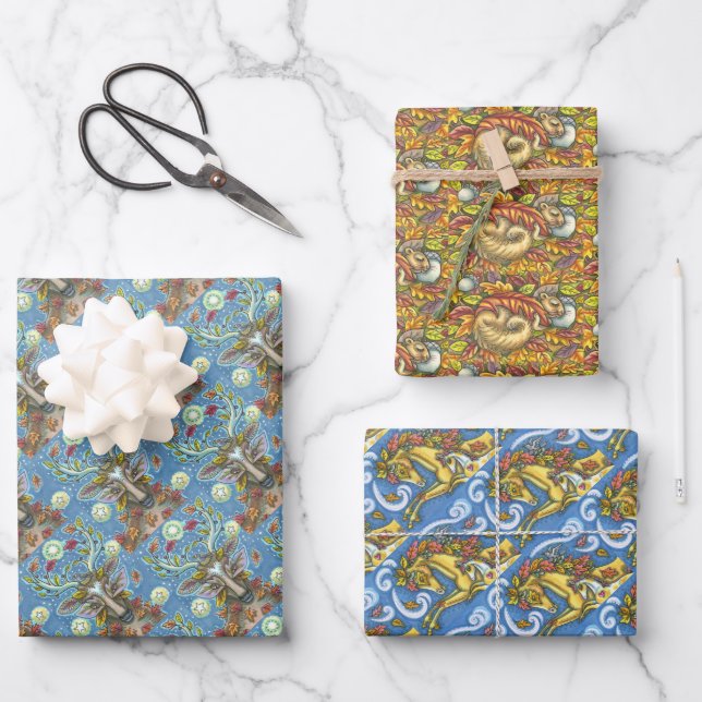 ASSORTED WHIMSICAL FOLK HORSE DEER SQUIRREL AUTUMN WRAPPING PAPER SHEET (Front)