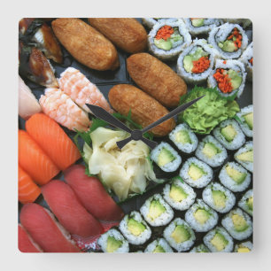 Assortment of Japanese sushi favourites Square Wall Clock