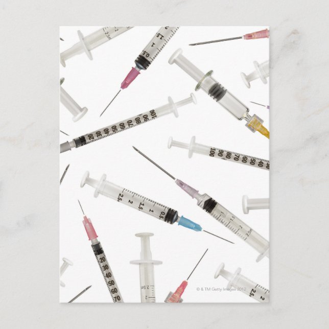 Assortment of syringes in various sizes and postcard (Front)