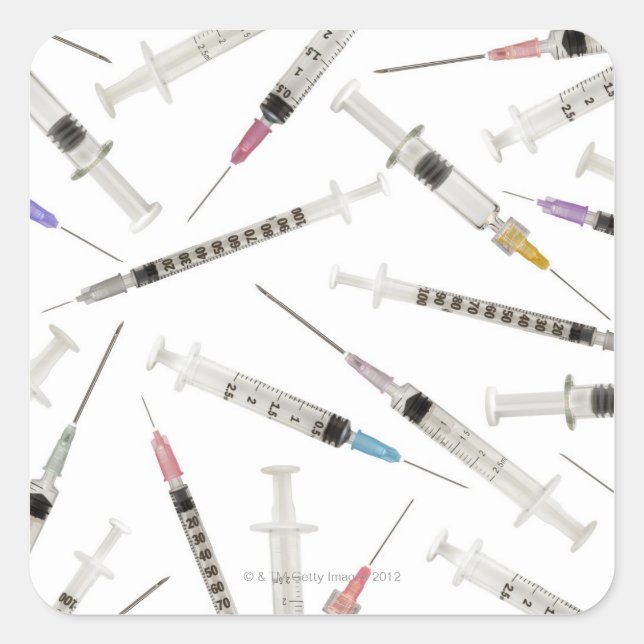 Assortment of syringes in various sizes and square sticker (Front)
