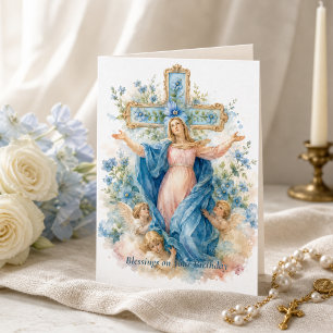 Assumption of Mary Blue Floral Catholic  Card
