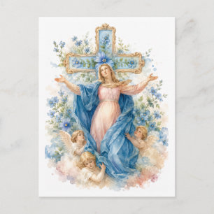 Assumption of Mary Blue Floral Catholic Note Postcard