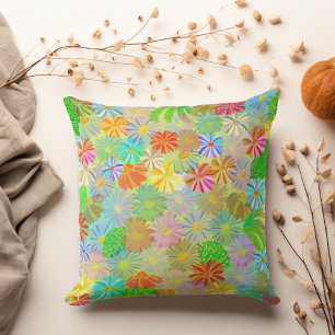 ASTER & CONE FLOWERS & TROPICAL LEAVES WATERCOLOR CUSHION