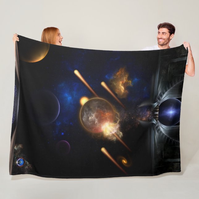 Asteroid Apocalypse Fractal Art Spacescape Fleece Blanket (In Situ)