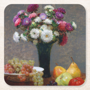 Asters and Fruit, Henri Fantin-Latour Square Paper Coaster