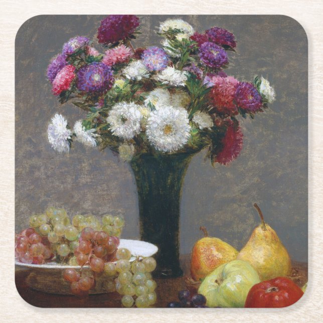 Asters and Fruit, Henri Fantin-Latour Square Paper Coaster (Front)