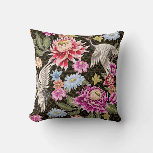 Asters Cranes: Painted Seamless Japanese Style Cushion (Front)