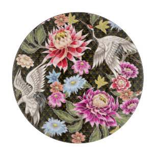 Asters Cranes: Painted Seamless Japanese Style Cutting Board