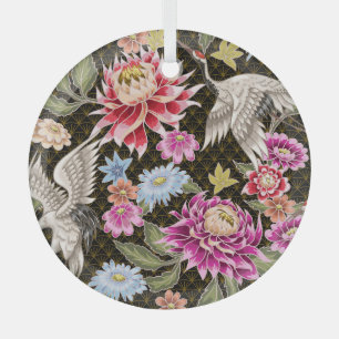 Asters Cranes: Painted Seamless Japanese Style Glass Tree Decoration