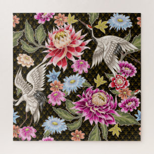 Asters Cranes: Painted Seamless Japanese Style Jigsaw Puzzle