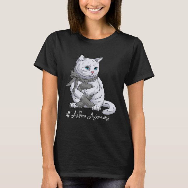 Asthma Awareness Month Gray Ribbon Cat T-Shirt (Front)